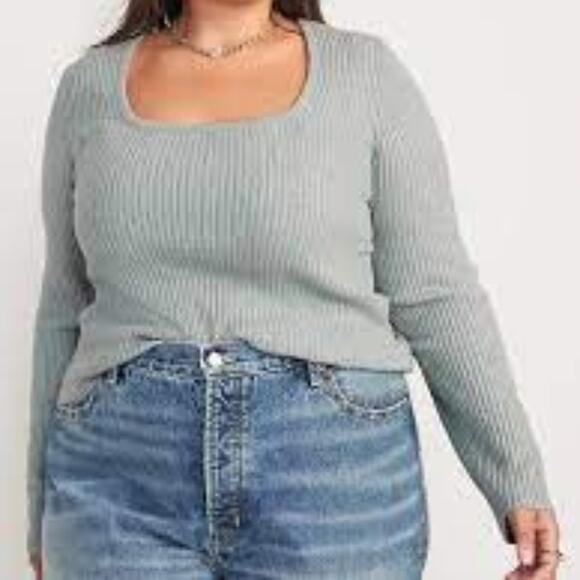 Old Navy Fitted Cropped Square-Neck Rib-Knit Sweater Silver Sage Size 3X - Picture 2 of 10